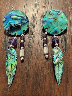 Vintage 90s Southwestern Abalone Shell Amethyst Bead Feather Pierced Earrings